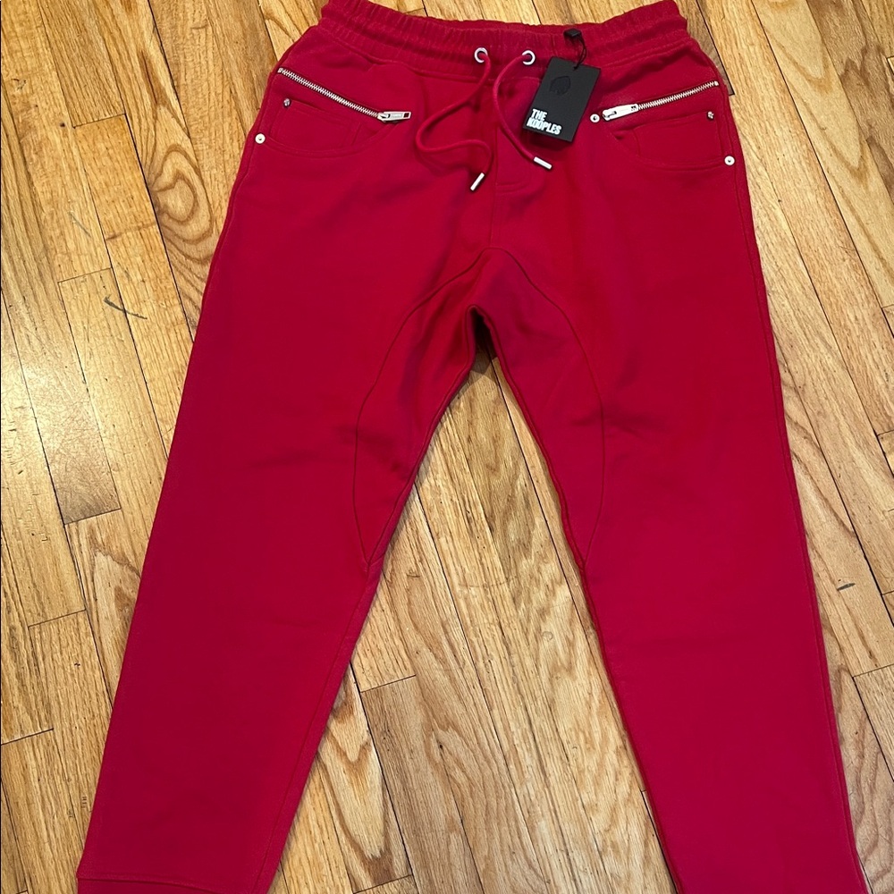 The Kooples Red Drawstring Joggers with Silver Zippers